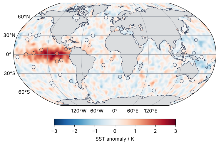 The complete global map: SST anomaly in K, stations, coastlines, gray land, and meridians every 60° and parallels every 30°, labeled on the bottom and left.