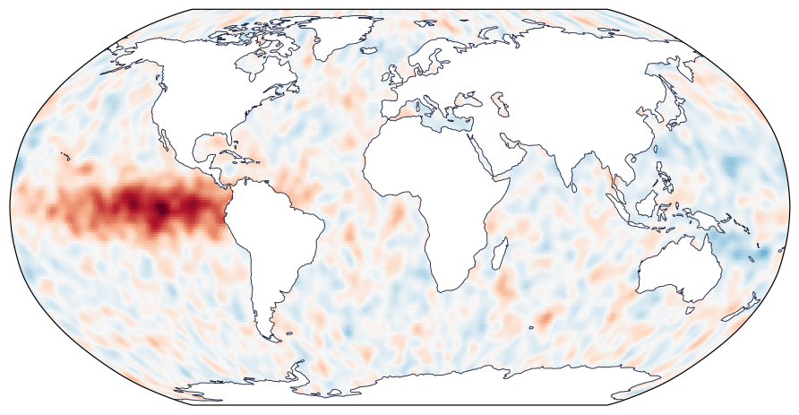 The same SST anomaly in K on a Robinson world map with coastlines. High latitudes are no longer stretched, and the warm tongue sits along the equator off South America.