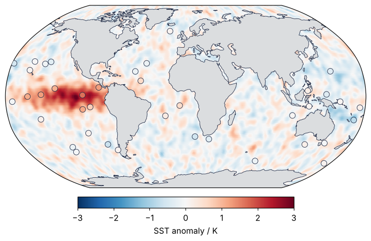 Robinson map of the SST anomaly in K with gray land and forty stations drawn as dots in the same colors. The dots blend into the water around them, so the stations agree with the grid.
