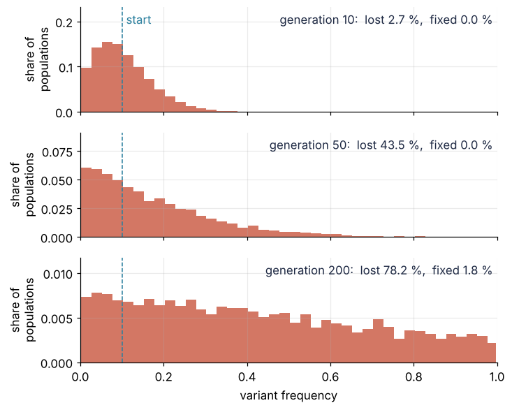 Share of 20,000 populations, all started at frequency 0.1, against variant frequency, after 10, 50, and 200 generations. The hump spreads and flattens while the populations drain into the edges: 2.7, 43.5, and 78.2 % lost, and 1.8 % fixed by generation 200.