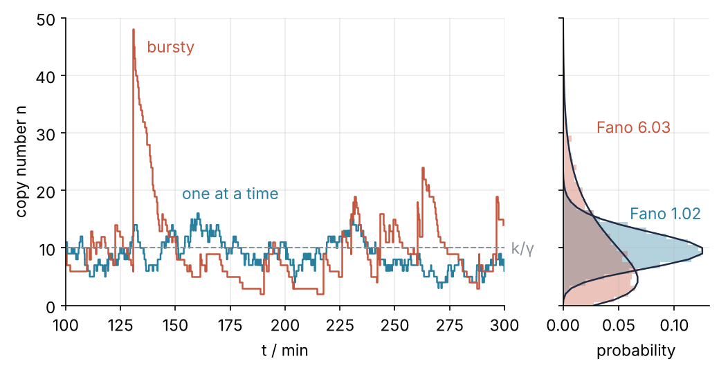 Left: copy number against time in minutes, 100 to 300, for one cell per model; the one-at-a-time cell stays near 10, the bursty cell jumps to 48 and decays back. Right: histograms of 5,000 cells per model on the Poisson and negative binomial curves; Fano factors 1.02 and 6.03.