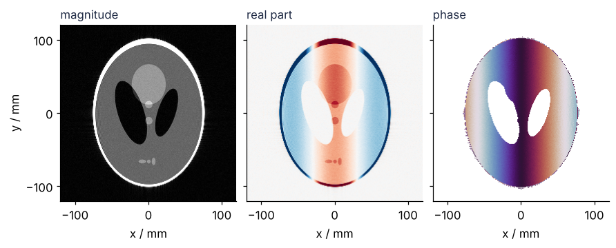 Three views of the same complex image, x and y in mm. Magnitude: the head in gray. Real part: the head crossed by vertical red and blue bands, half of it negative. Phase from -π to π in a cyclic map: a ramp from left to right that wraps twice across the field of view.