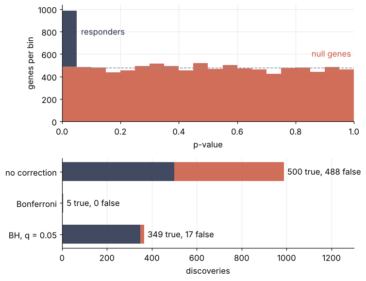 Top: histogram of all 10,000 p-values, a flat red floor of null genes near the dashed level of 475 per bin and a dark spike of 500 responders in the first bin. Bottom: true and false discoveries per method. No correction 500 and 488, Bonferroni 5 and 0, Benjamini-Hochberg at q = 0.05 349 and 17.